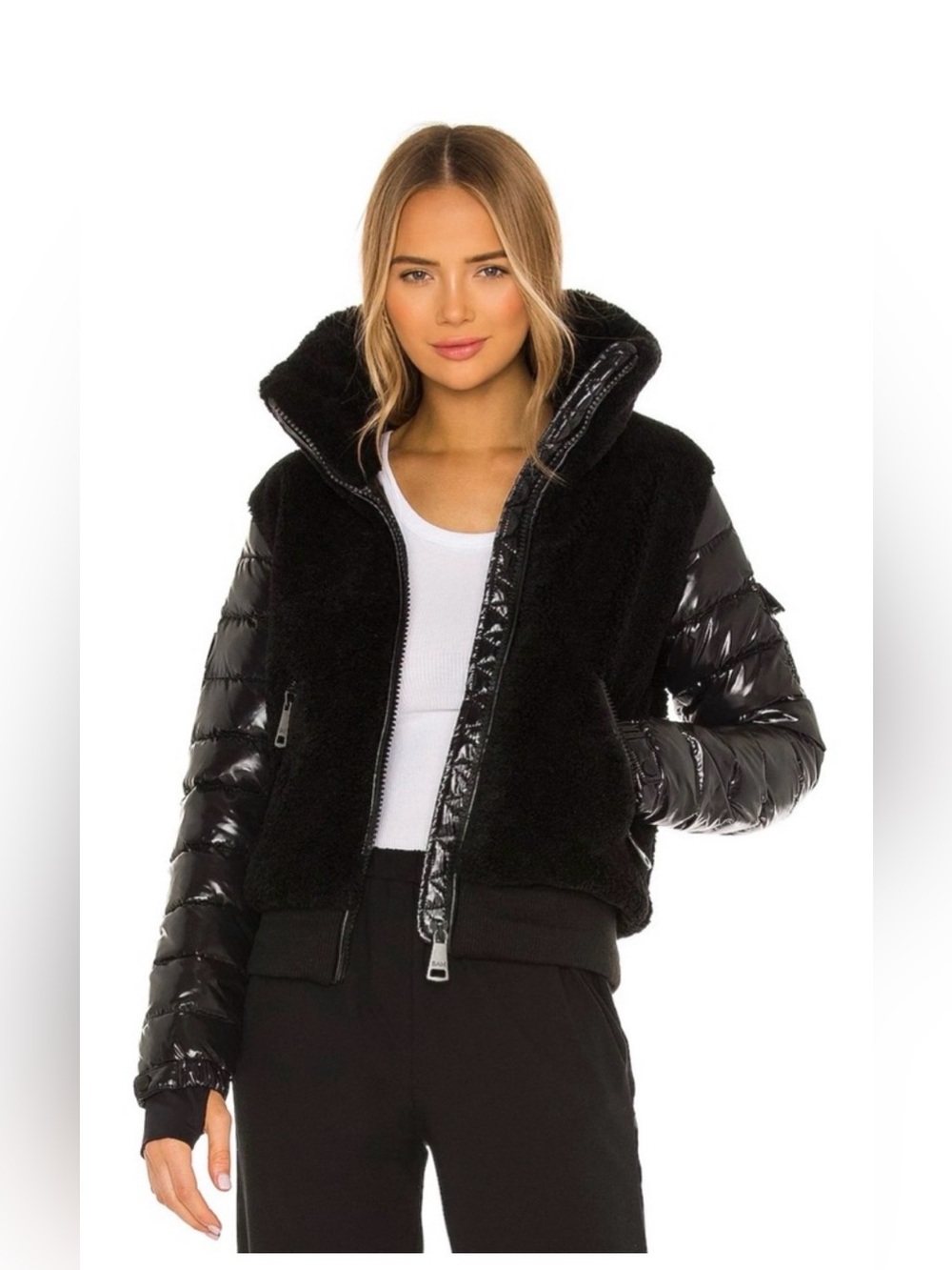 SAM Black Sherpa Front with Glossy Puffer Sleeves Jacket.